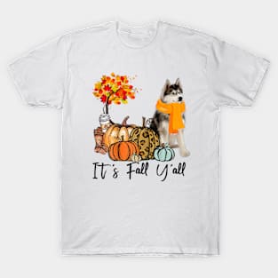 It's Fall Y'all Siberian Husky Dog Pumpkin Falling T-Shirt